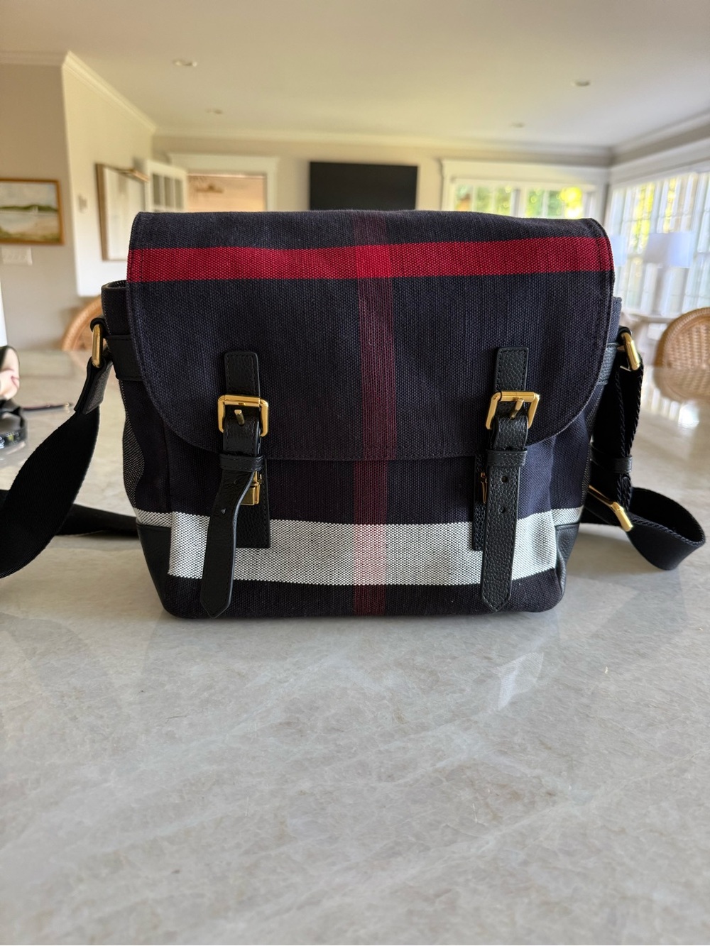 Burberry Navy and Red Check Canvas Messenger Bag